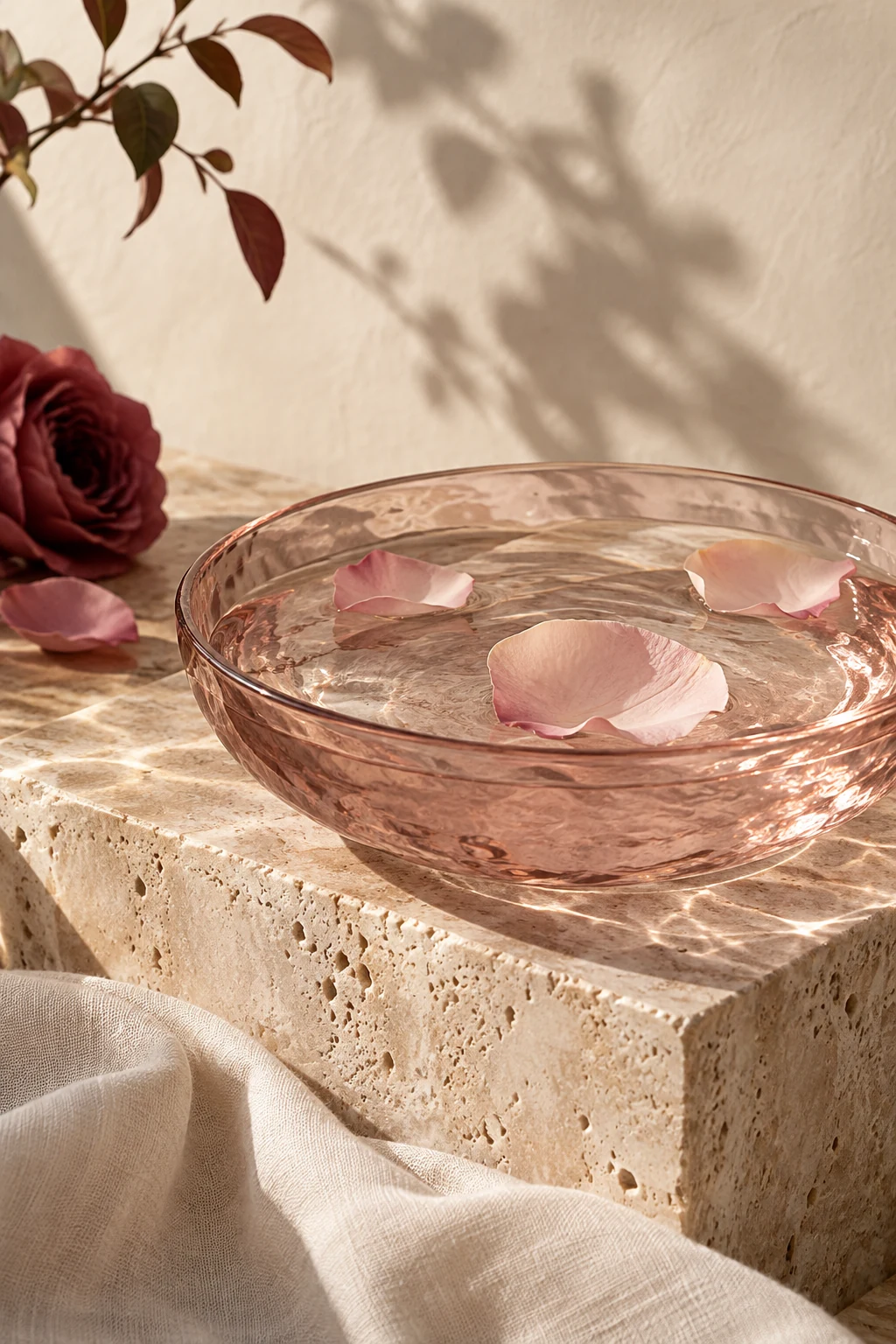 AI-generated editorial image of rose petals and water in soft daylight